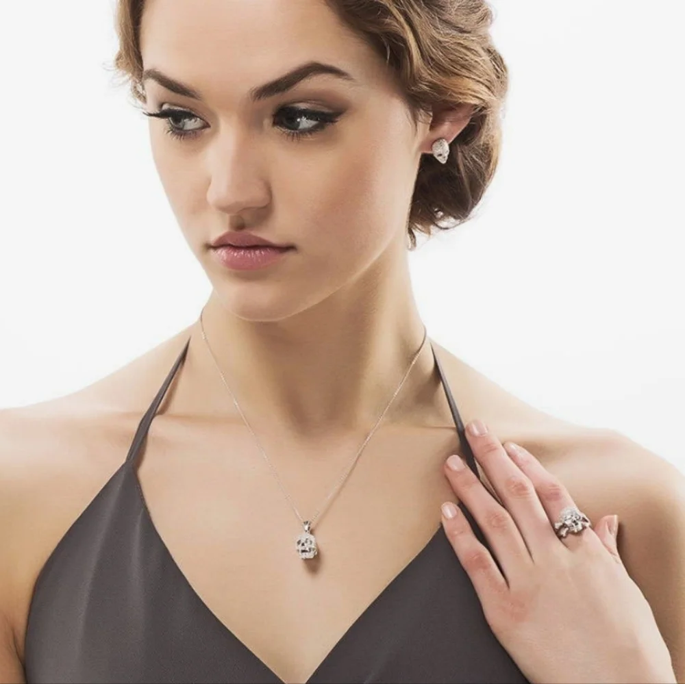 NEW Skull Bones Cubic Zirconia  Necklace in Sterling Silver - Picture 6 of 16